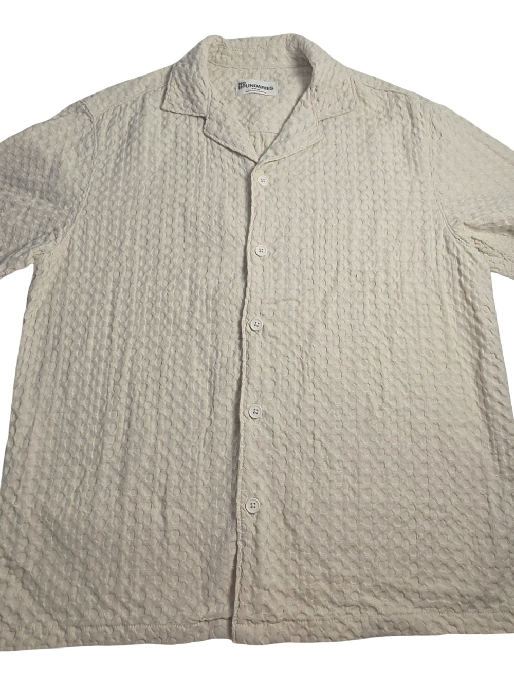 No Boundaries Textured Camp Collar Shirt Men's Medium Cream 100% Cotton Coastal - Picture 2 of 8